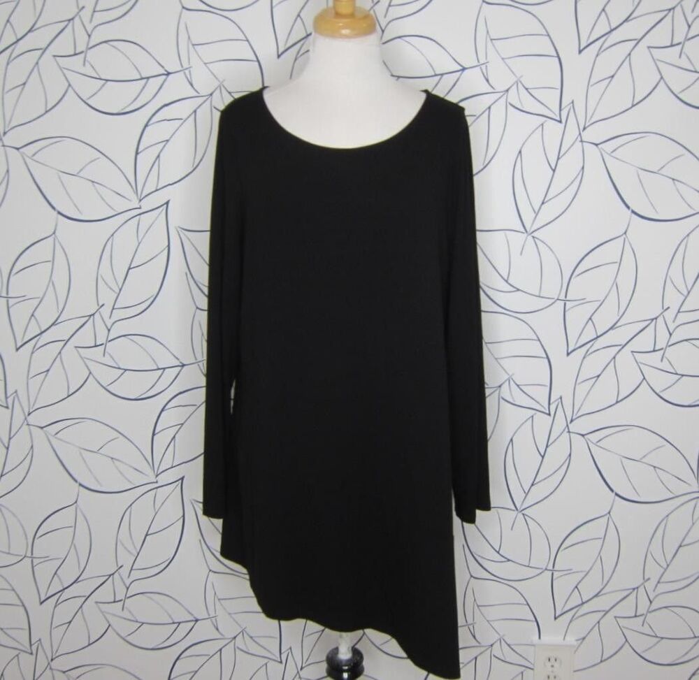 Eileen Fisher Women's XL Black Jersey Asymmetric Tunic Top Long Sleeve Stretch